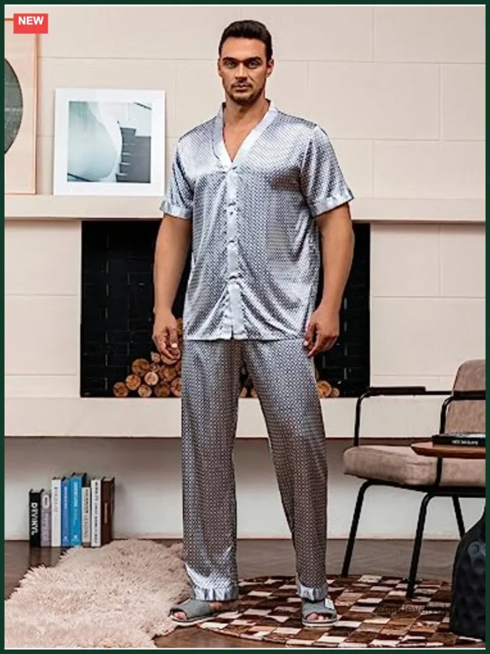 Men's 2-Piece Geo Print Satin Pajama Set Short Sleeve Button Down Sleepshirt